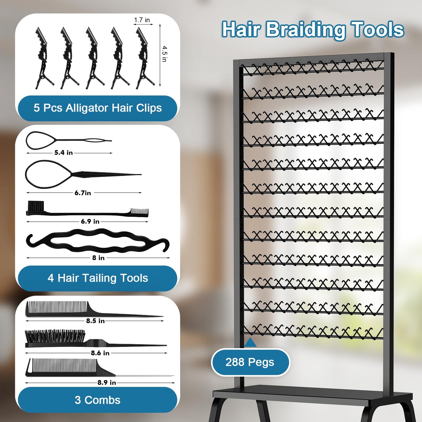 Portable Braiding Hair Rack with Wheels & Storage Drawers,2-Sided 288 Pegs,Hair Extension Holder Hanger for Braiding Hair Separator Stand Display,Hair Rack with Stylist Hair braiding Tools(Black)