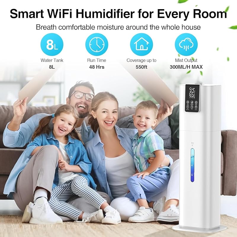 White 8L Top-Fill Smart Humidifier with App & Remote, 550 Sq Ft Night Light 40H 3 Mist Levels