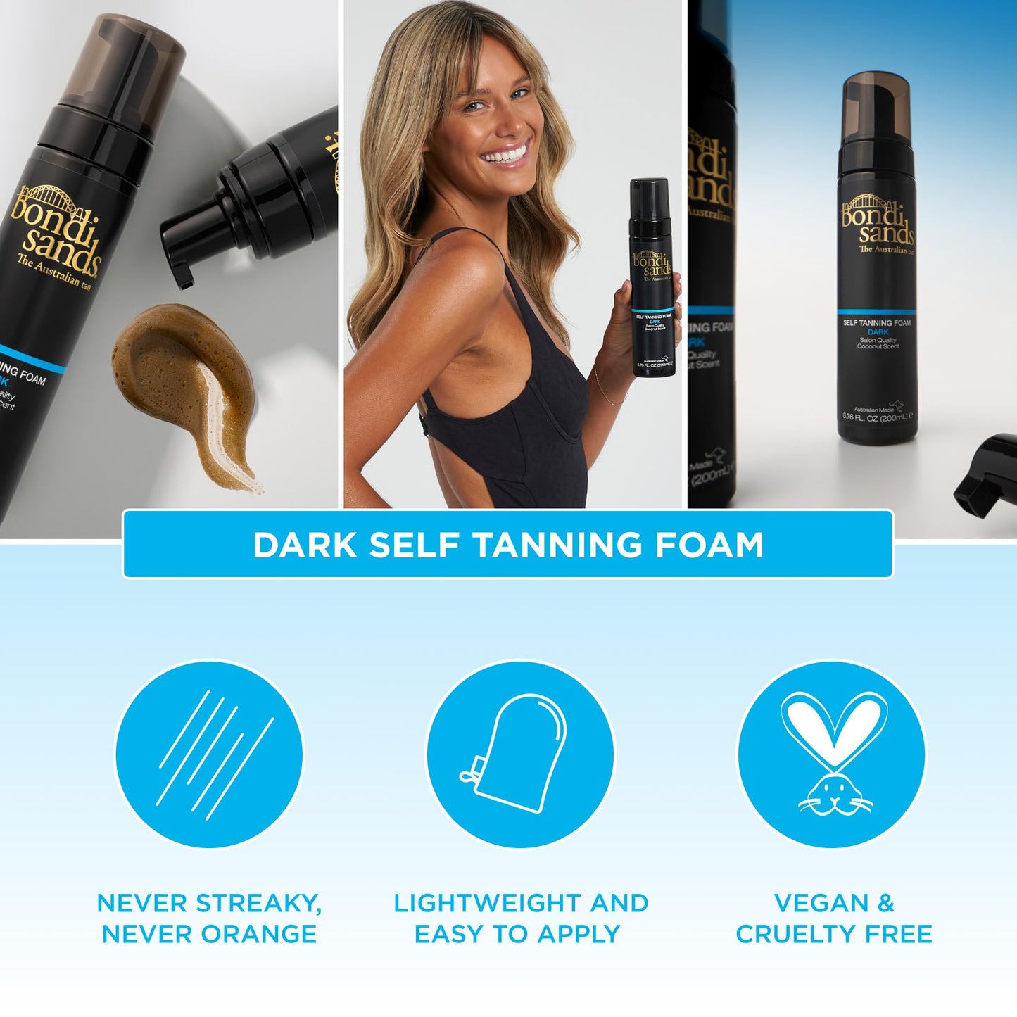 Bondi Sands Dark Self Tanning Foam | Lightweight, Self-Tanner Foam Enriched with Aloe Vera and Coconut Provides an Even, Streak-Free Tan | 6.76 oz/200 mL