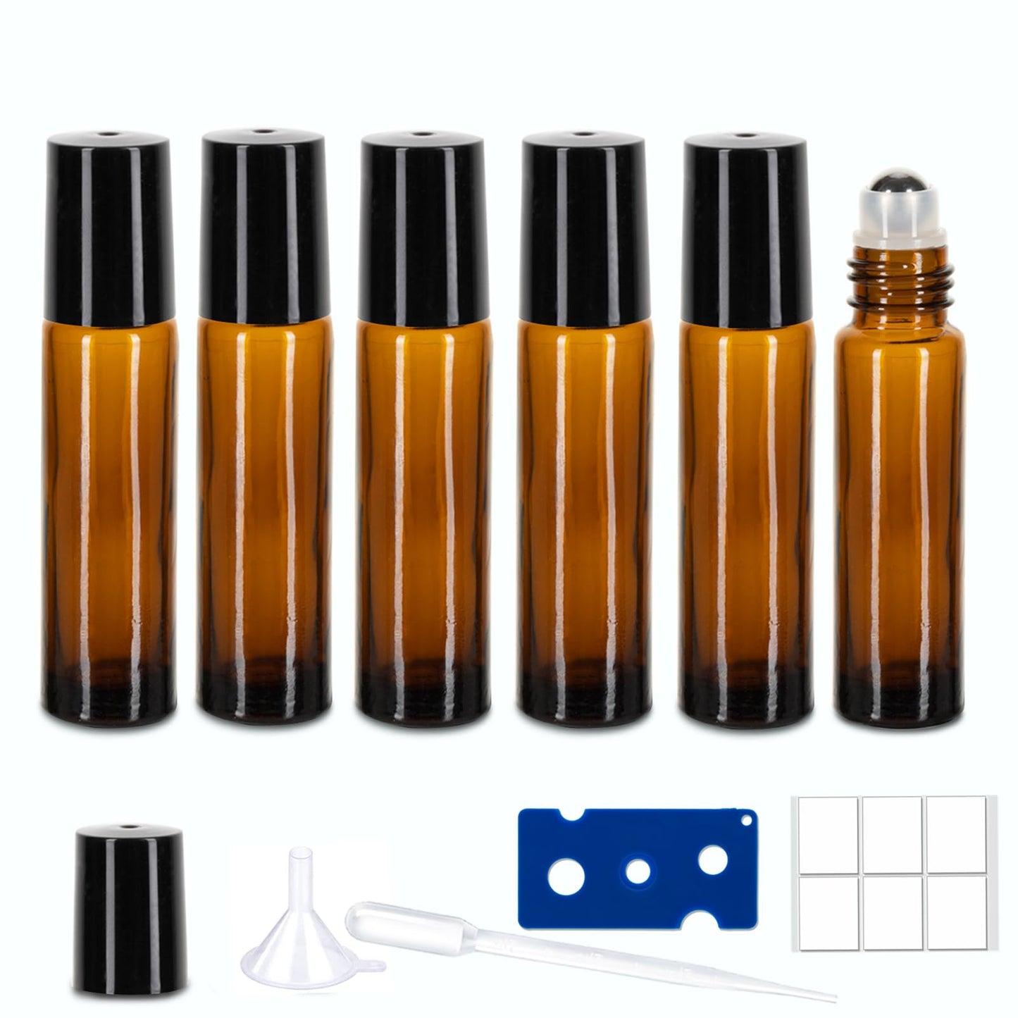 6 Pack Essential Oil Roller Bottles - 10ml Amber Glass Roll-On Bottles with Stainless Steel Roller Balls, Labels, 1*Openers, 1*Funnels, 1*Dropper