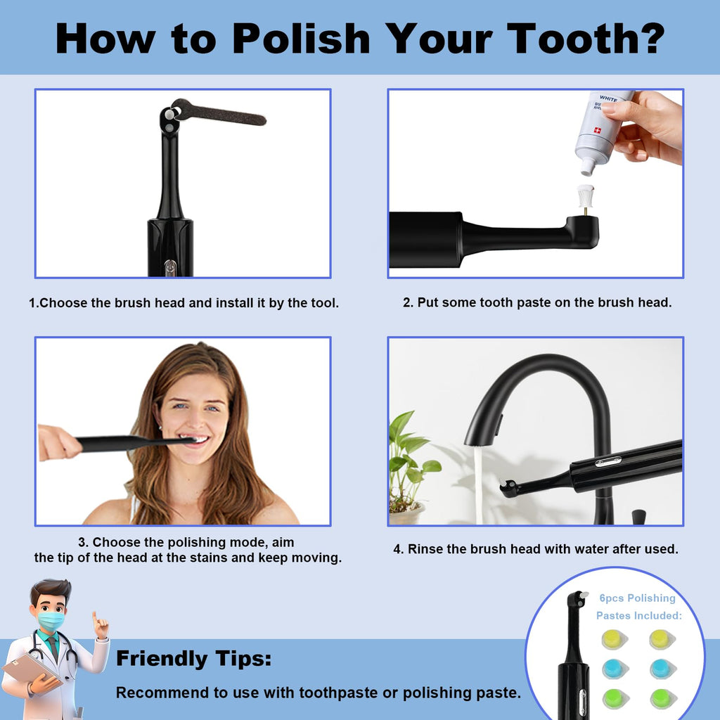 Tooth Polisher and Plaque Remover, Electronic Tooth Polishing Kit for Daily Cleaning Whitening, Rechargeable Dental Teeth Polisher with LED Light, 6 Polish Pastes, 5 Brush Heads, 4 Speed Modes