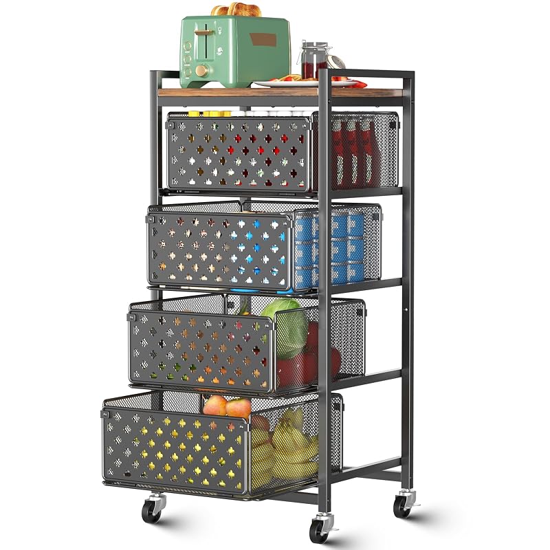 5-Tier Kitchen Storage Cart with Wheels, Wood Top & 4 Drawers – Black