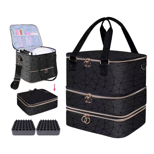 Nail Polish Organizer Case,3 Layer Nail Polish Organizer Bag Holds 84 Bottles (15ml/0.5 fl.oz) Nail Supplies Organizer,Nail Bag PU Leather Nail Carrying Nail Kit Supplies Organizer Case (Black)