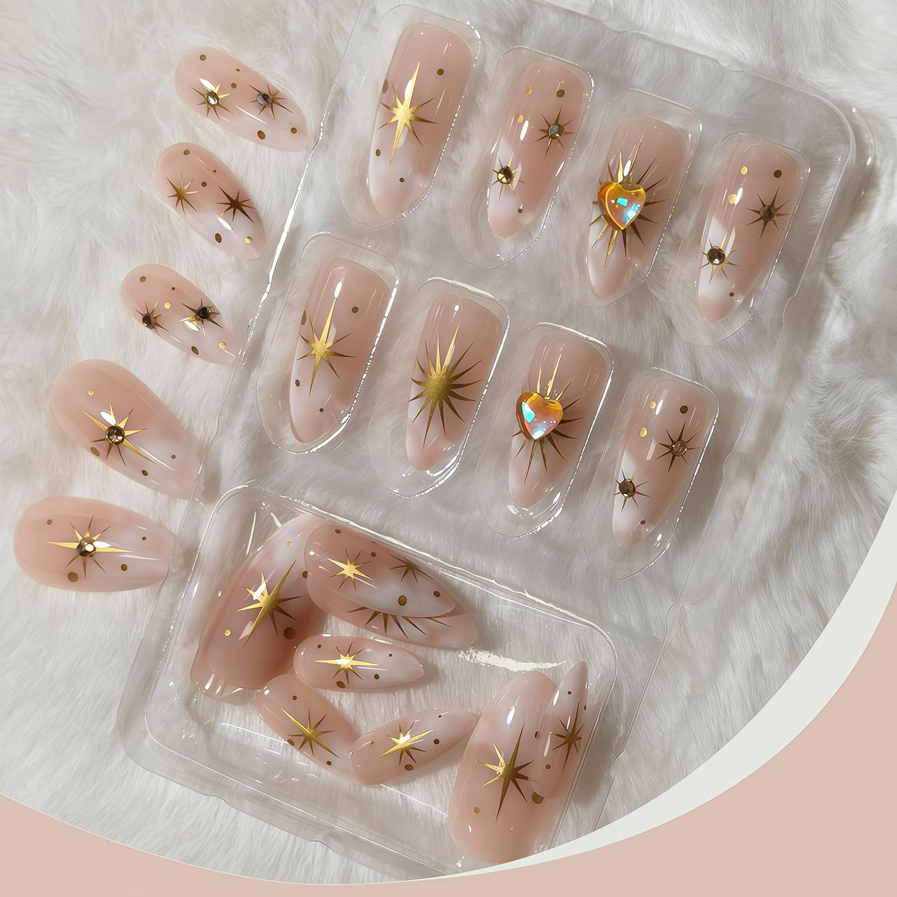 Almond Press on Nails, French Tip Fake Nails with Heart Star Pattern Golden Sun Design Artificial Full Cover False Nails Glue on Nail for Women Daily Acrylic Nail Decoration Accessories 24 Pcs