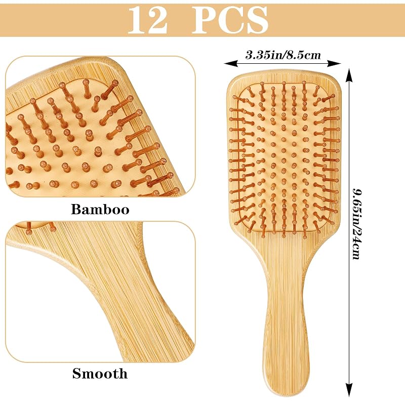Molain 12 Pcs Bamboo Hair Brush Set - Square Variation Wooden Paddle Bristles Round-Tipped
