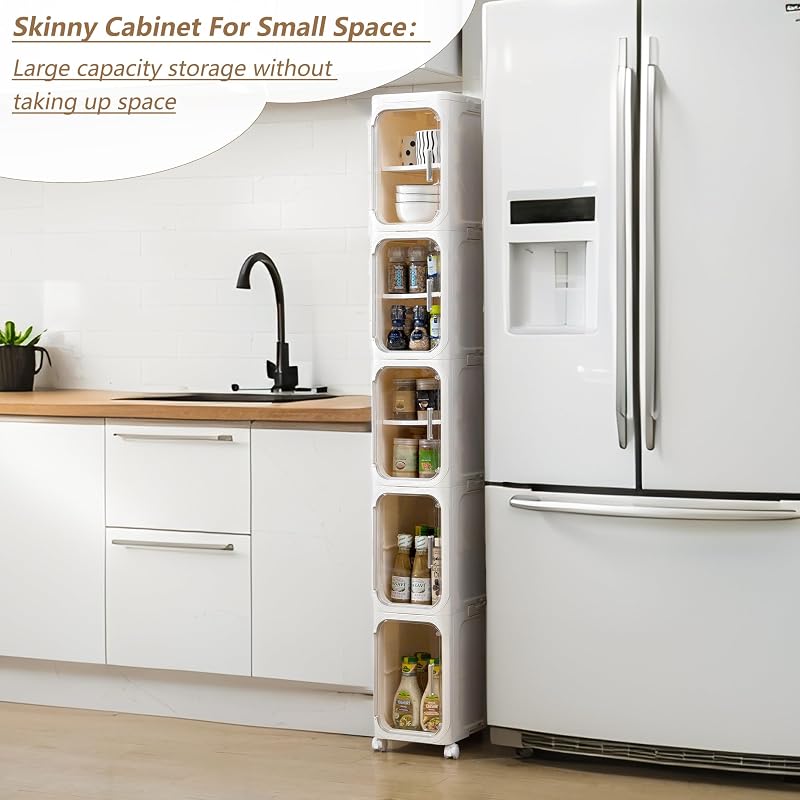 5-Tier Narrow Storage Cabinet Slim Bathroom Tall Skinny Organizer - Beige (Variation: Beige+5-tier)