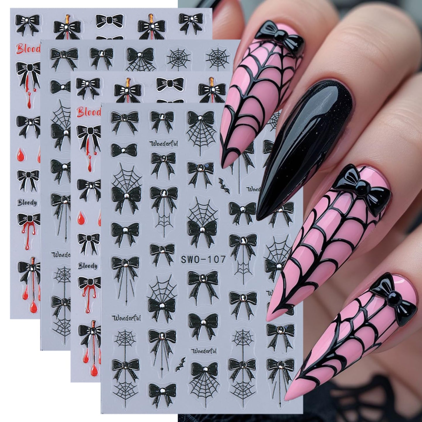 4 Sheets Halloween Nail Stickers for Nail Art Black Bow Spider Web Nail Decals with Crystal Diamond Designs Bloody Bows Nail Art Stickers 5D Self-Adhesive Halloween Nail Decoration for Women