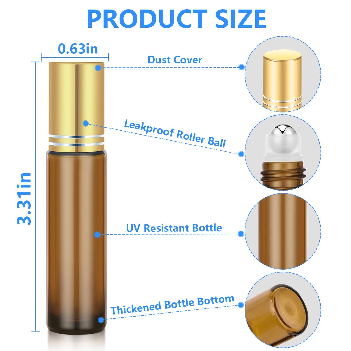 DTDNZKN 4 Pack of 0.34 Oz (10ml) Essential Oil Roller Bottles - Refillable, Leak-proof Amber Glass Roll-on Bottles with Stainless Steel Roller Balls, Metal Caps, and Labels Included