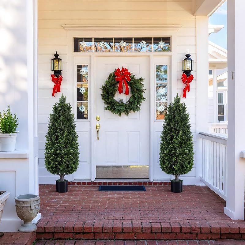 4FT Artificial Topiary Trees Outdoors - UV Resistant Lifelike Cedar Shrubs, Faux Evergreen for Front Porch (Set of 2) - Variation: 4ft