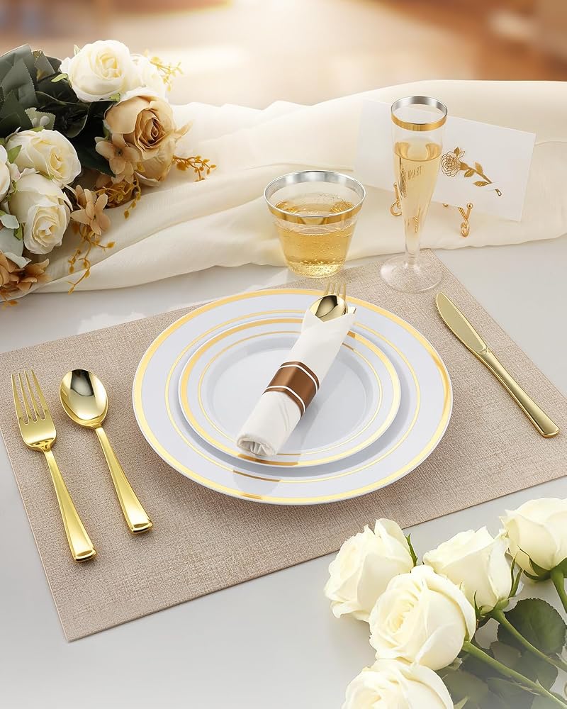 560Pcs Fancy Disposable Dinnerware Set for 70 Guests - Gold Rim Plates, Cups, Napkins & Glassware (Variation: Gold+560 Pcs)