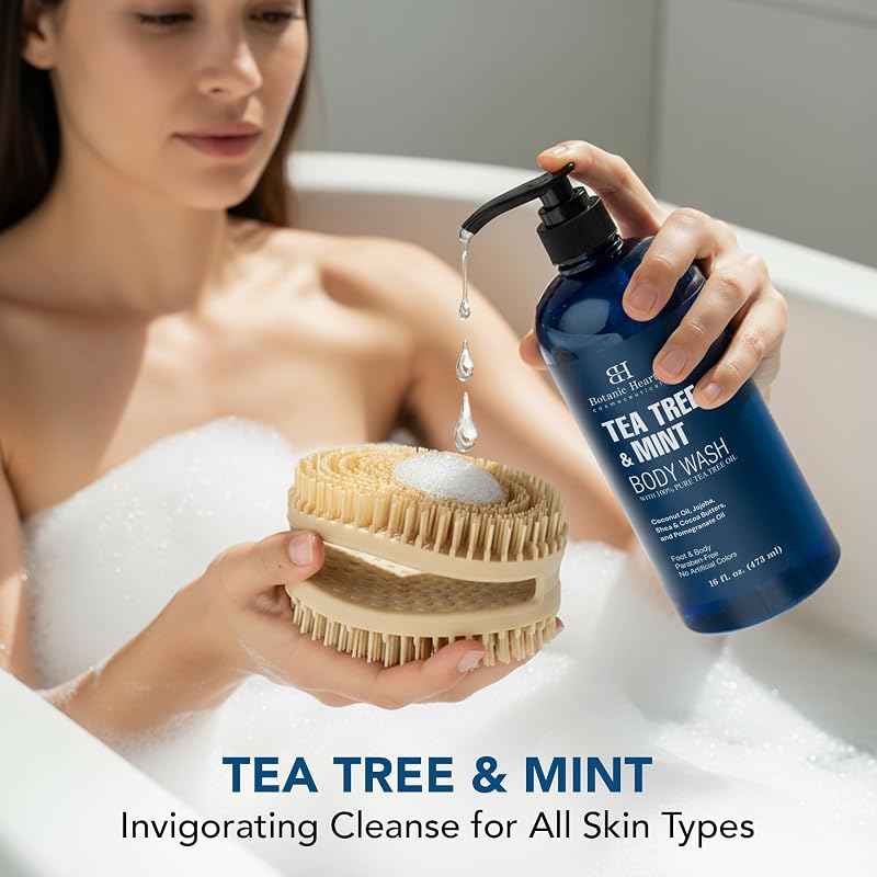 Tea Tree & Mint Body Wash with Silicone Body Brush – 16 fl oz, Botanic Hearth