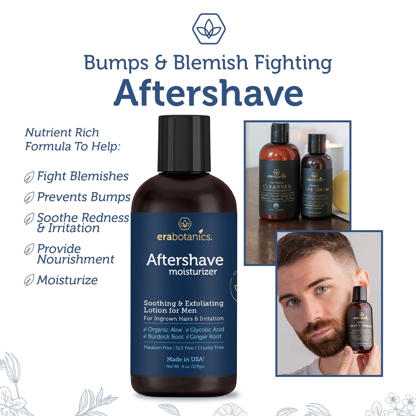 Era Organics Aftershave for Men - Soothing and Moisturizing After Shave Lotion - Made in the USA - Exfoliating Ingrown Hair Serum for Bumps or Irritation with Ginger Root plus Burdock Root