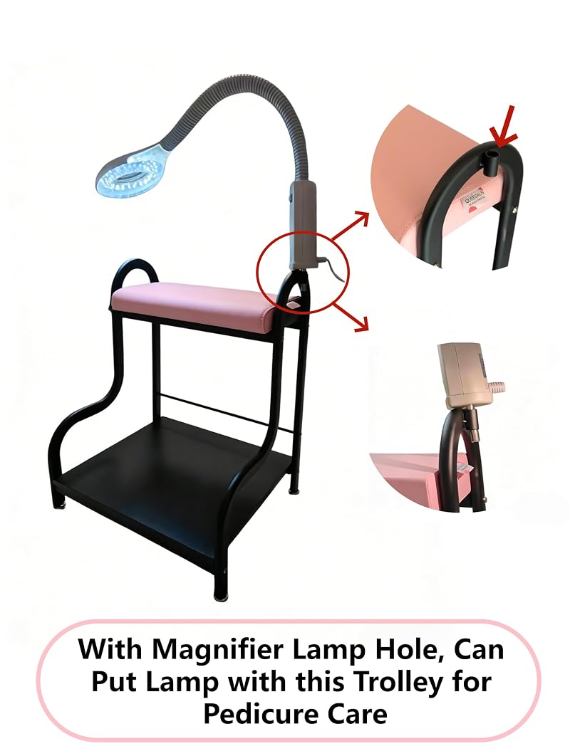 Foot Spa Trolley Cart with Magnifier Lamp Hole & Foot Rest – Heavy-Duty Pedicure Station (Nude Pink) – Multi-Purpose Salon/Home