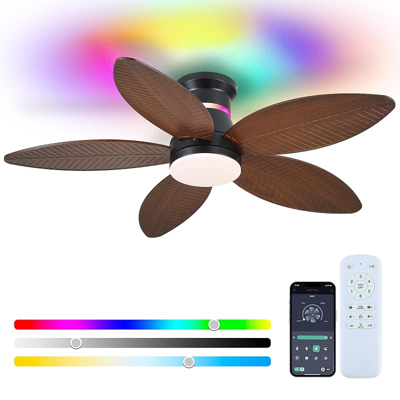 Brown Palm Leaf 46in Ceiling Fan with Lights, RGB Side Light, 6-Speed DC Motor, Remote & 3CCT Dimmable LED, Quiet Flush Mount - Variation: Brown-Palm Leaf+46in