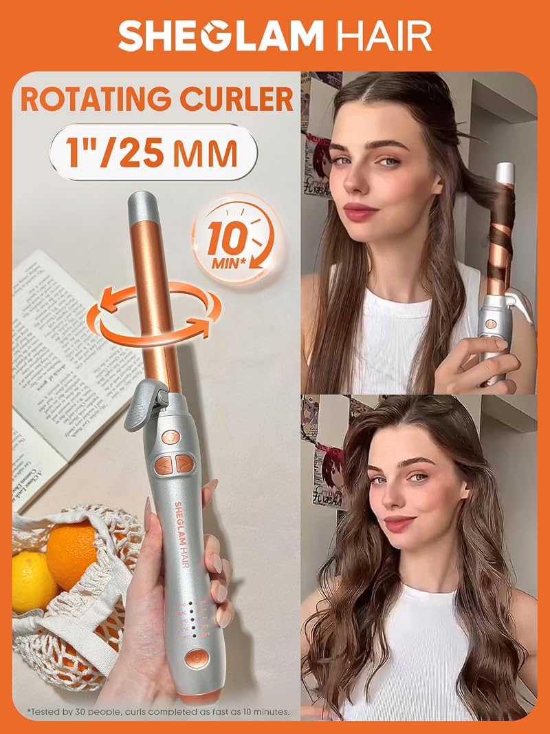 Rotating Curling Iron 1-Inch, Extra Long Barrel, Auto Curling Wand for Long Hair