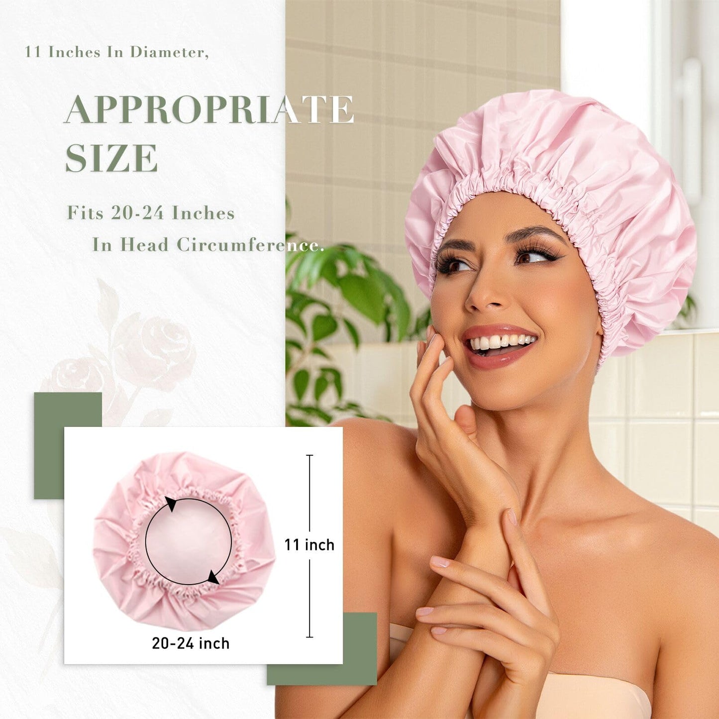 Reusable Shower Cap for Women, Large Waterproof Shower Bonnet Washable Elastic Band Bath Hair Hat for Long Hair, Braids(Pink)