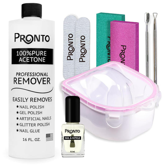 Pronto Pure Acetone 16 oz Nail Polish Remover - Complete Acrylic Nail Kit with Cuticle Pusher, Nail File & Buffer for Gel & Dip Powder Removal