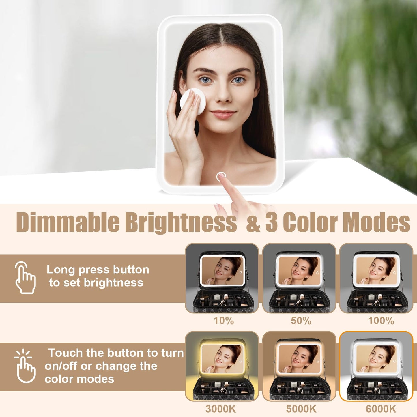 PEEH Makeup Bag with Lighted Mirror, Travel Make up Train Case with Adjustable Brightness Vanity Mirror and Detachable 10x Magnifying Mirror (Grey Clover)