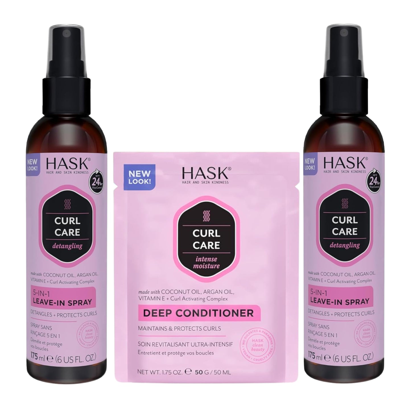 HASK CURL CARE 5-in-1 Leave In Conditioner Duo (6oz-Qty 2) & Deep Conditioner Packette, vegan formula, cruelty free, color safe, gluten-free, sulfate-free, paraben-free