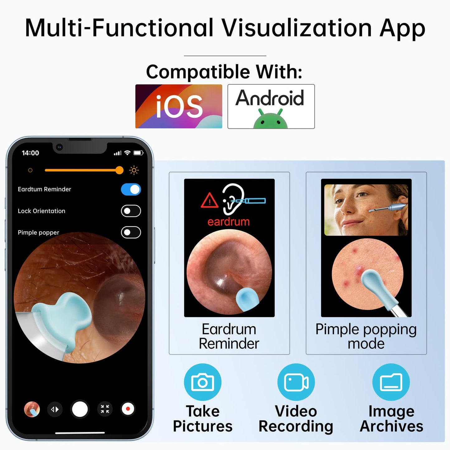 Ear Wax Removal Tool, Ear Cleaner with Camera, 1296P HD Camera and 6 LED Lights, Ear Cleaning kit with 10 Ear Pick Tips, Ear Wax Removal Kit for iOS and Android(Pale Blue)