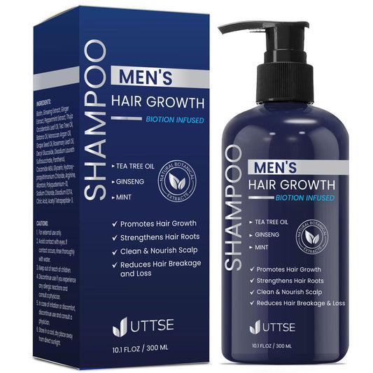 Uttse Biotion Hair Growth Shampoo for Men: Natural Thickening Shampoo with Tea Tree Oil Ginseng Mint for Hair Loss and Thinning Hair - 10.1 fl.oz, Dark Blue
