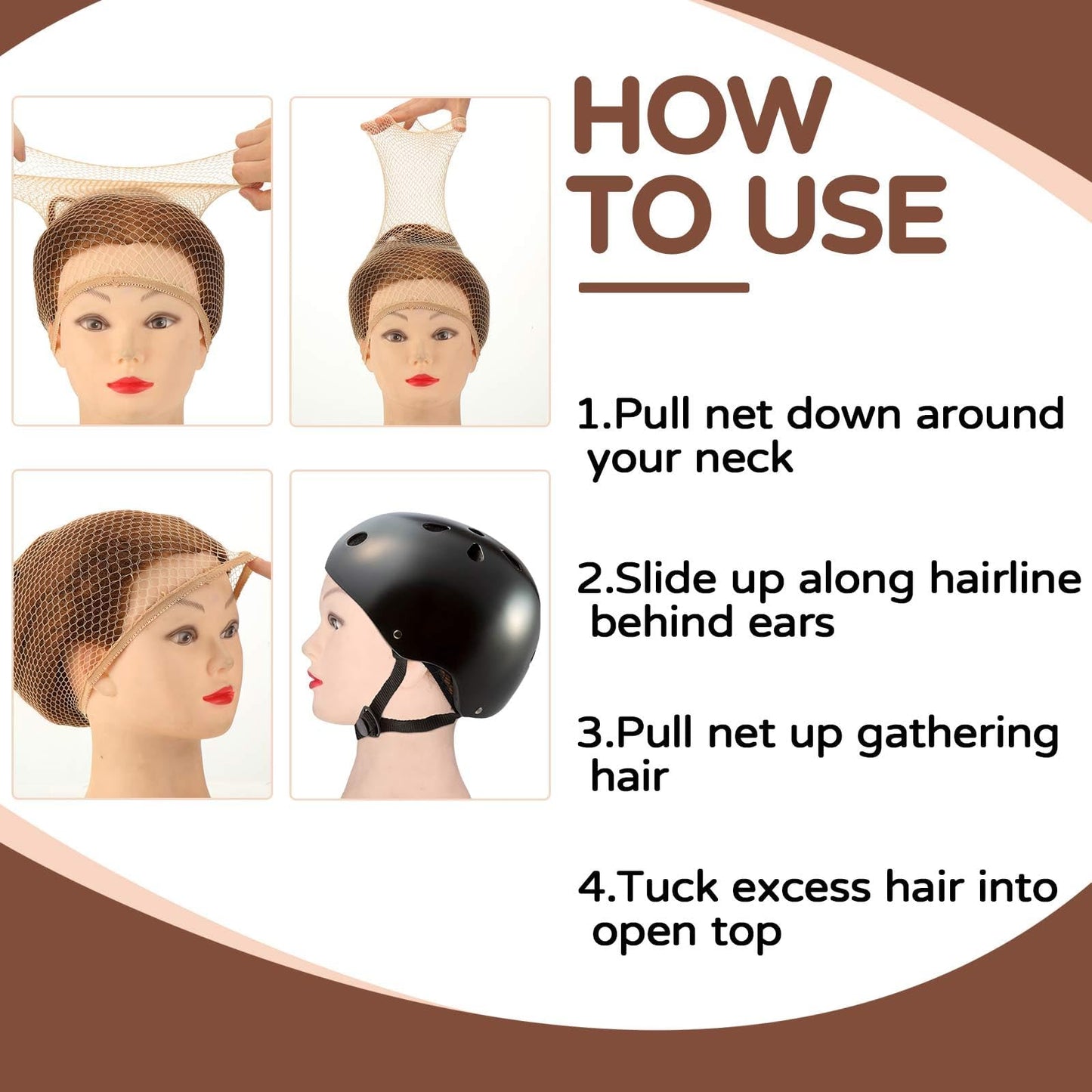 Yuxung 4 Pieces Equestrian Hair Net Women Ride Hair Net No Knot Cap Weaving Caps Wig for Long and Short(Light Brown)