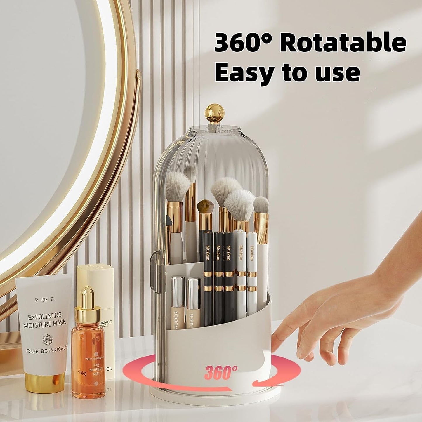 Dimmeda Makeup Brush Holder Organizer with Lid, 360° Rotating Dustproof & Waterproof Makeup Brushes Organizer for Vanity and Bathroom, Cosmetics Make up Brush Organizer (Clear)