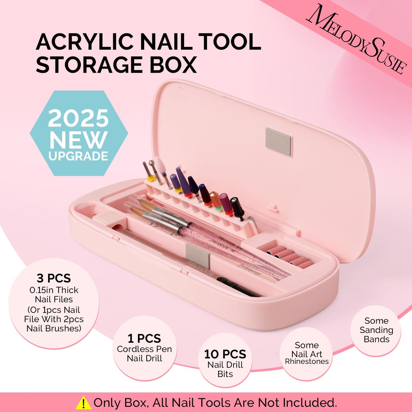 [2025 Upgraded]MelodySusie Acrylic Nail Tool Storage Box,Portable Dustproof Stand Displayer Holder Organizer Container Manicure Efile Accessories Nail Drill Kit Case,Travel Salon Home,Pink(Only Box)