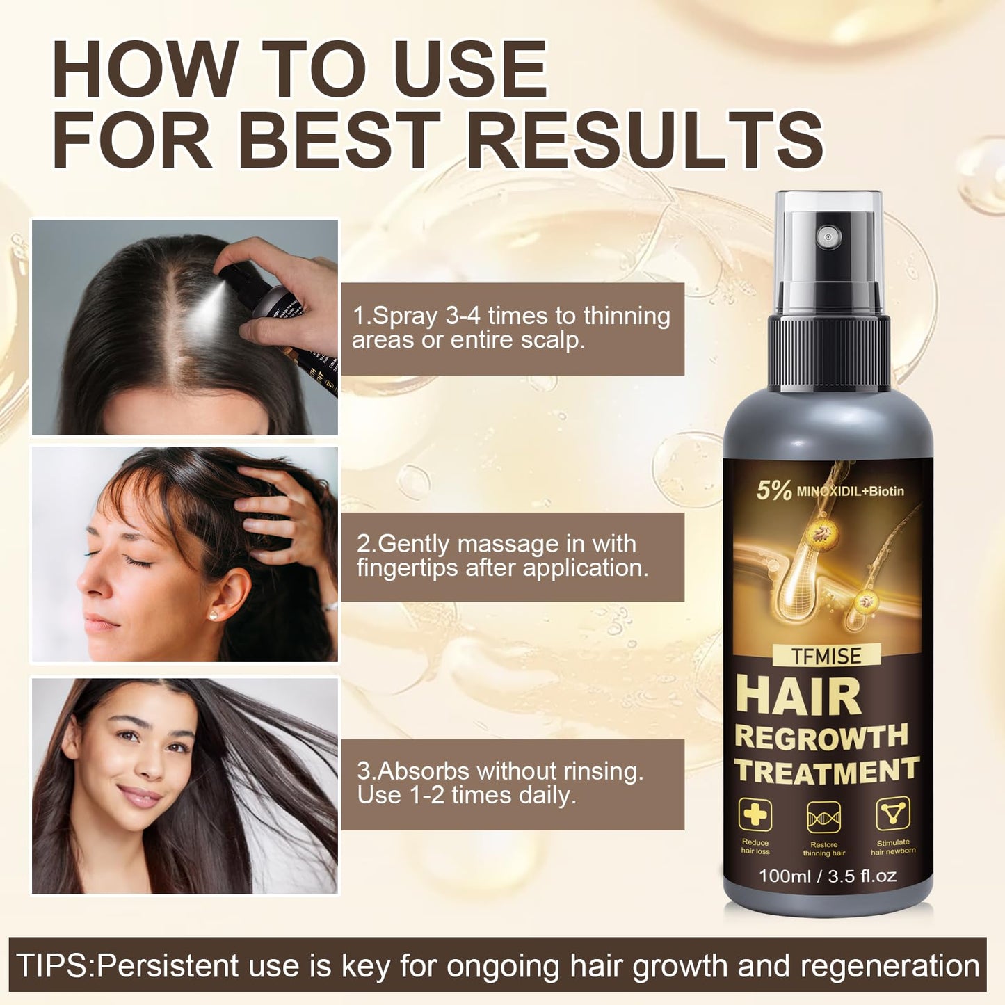 Minoxidil Spray - 5% Minoxidil for Men, Minoxidil for Women Hair Growth Products, Extra Strength Hair Regrowth Devices with Biotin, Help to Stop Loss Hair Unscented Light and non Greasy 3.38 Fl.OZ