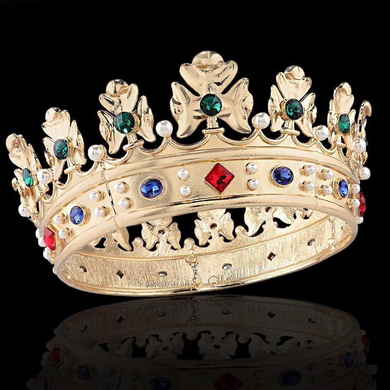 Baroque Royal Crown for Men - Gold Crown with Green Stone, Large 7.28 inch Diameter
