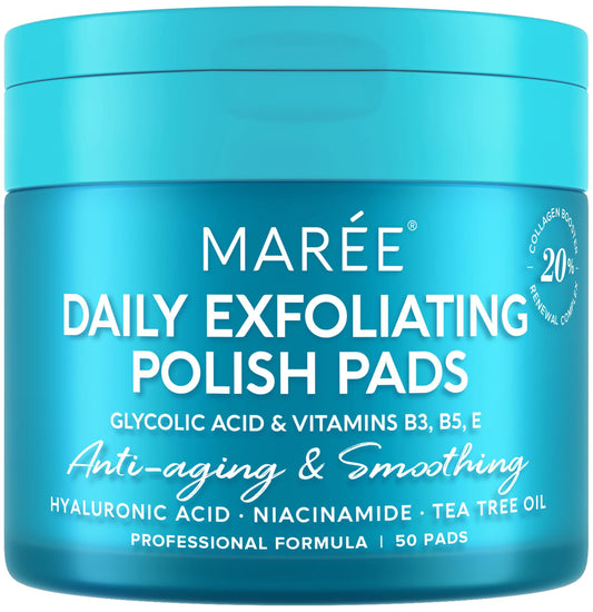 MAREE Glycolic Acid Polishes - Toner Pads for Face Cleansing - Tea Tree Oil, Salicylic Acid & Vitamins E, B3, B5 - Facial Peel & Radiance Deep Cleaning Effect - 50 Count