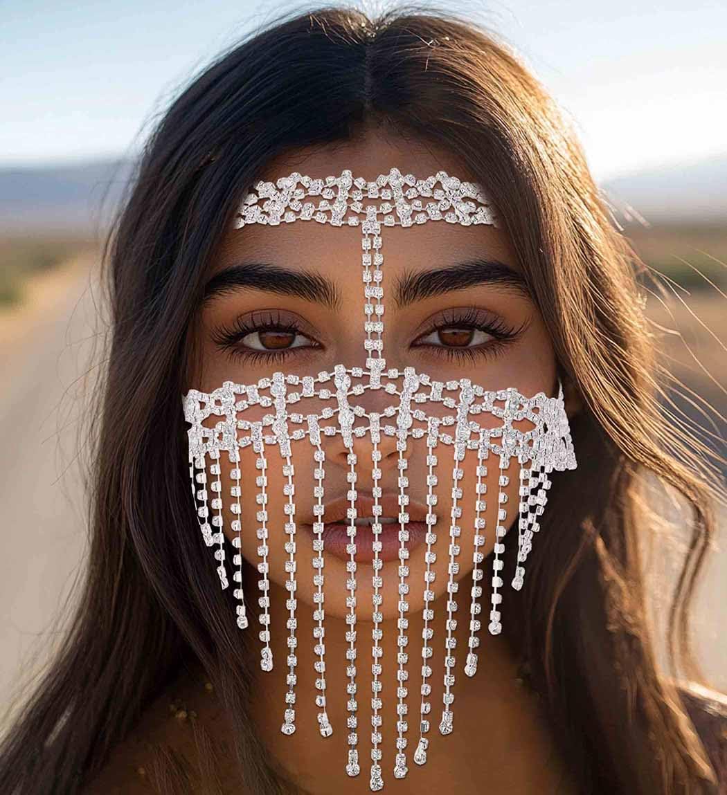 Fdesigner 1920s Rhinestone Masquerade Mask Costume Headpieces Flapper Face Cover Head Chain Jewelry for Women (Silver-Unique)