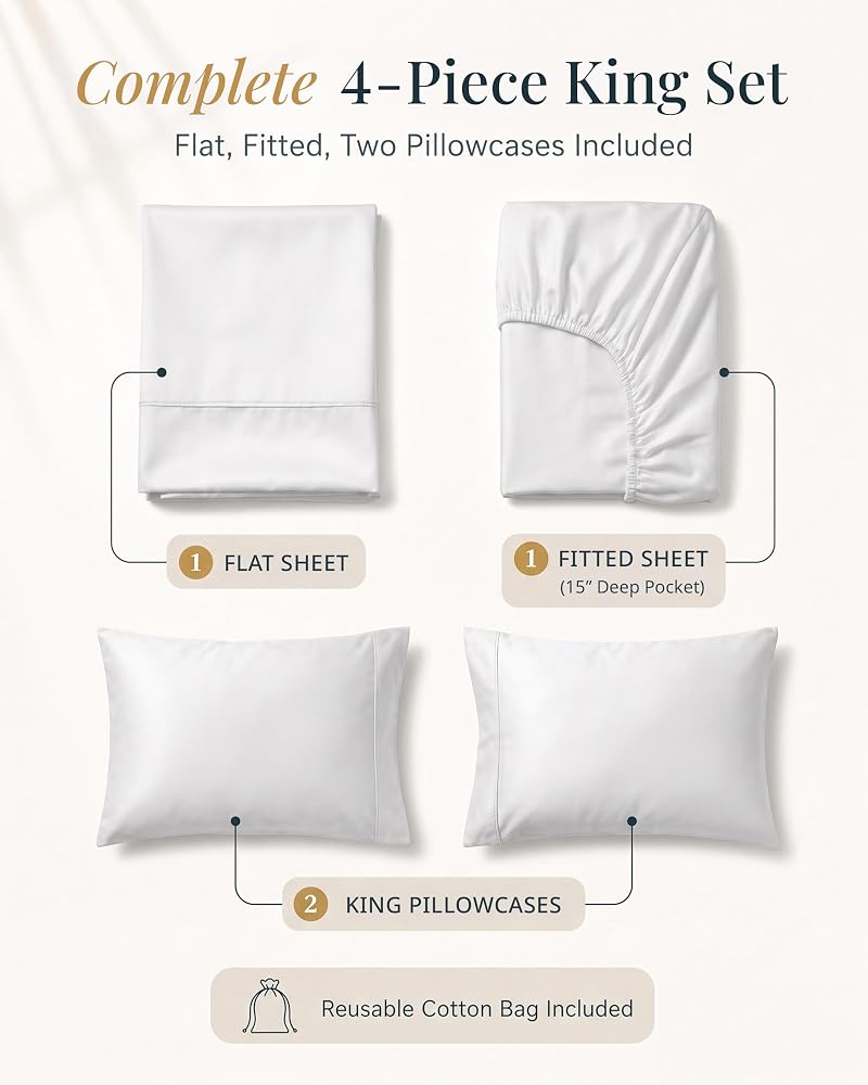 Lane Linen 450TC 100% Cotton Sateen King Sheets – White, Hotel Quality, 15" Deep Pocket (Variation: White+King)