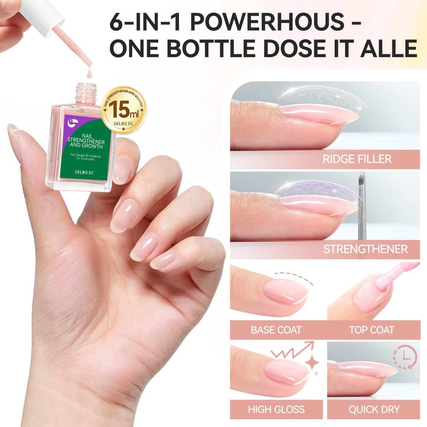 gelike ec Protein Nail Strengthener and Growth Polish: Nude Blush 15ml 6 in 1 Natural Nail Hardener Extra Strong and Growth - Nail Polish Hardener for Weak and Damaged Nails