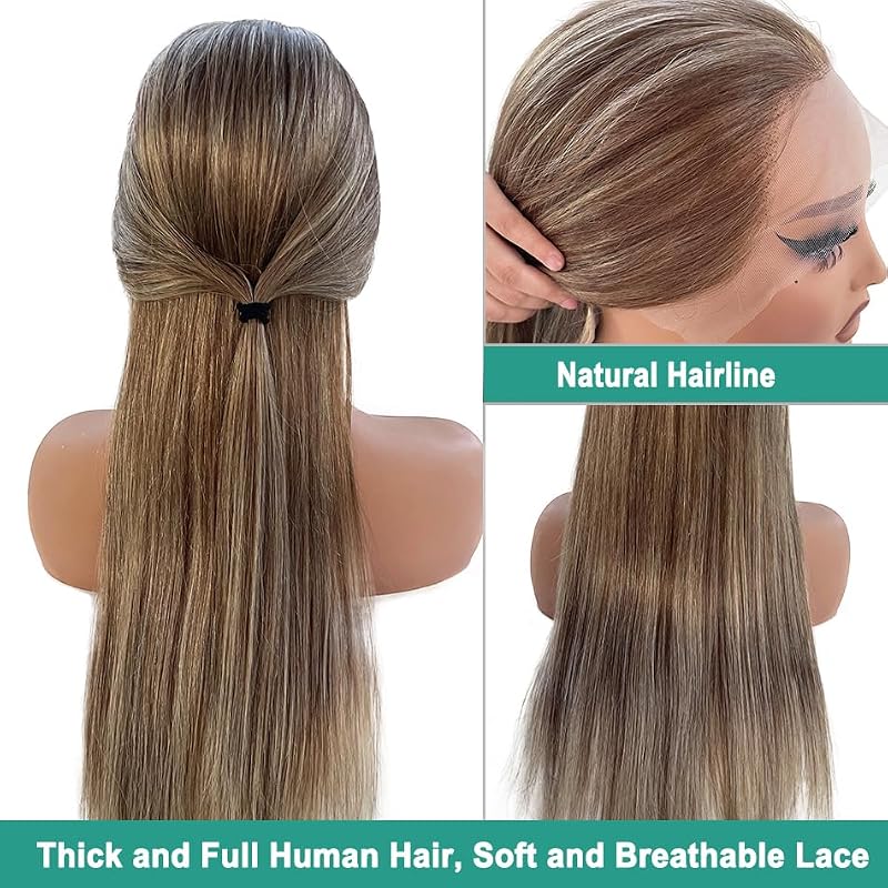 Ash Blonde Lace Front Wig Human Hair 16 Inch Pre-Plucked Straight Ombre Highlight with 13x4 HD Lace for White Women - Variation #6T6p18