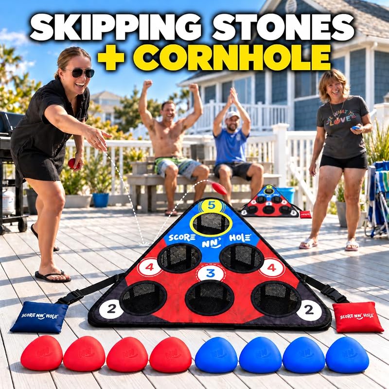 Skip N' Hole Floating Pool Cornhole Game Set (2 Targets) – Waterproof Stonne Skipping Toy