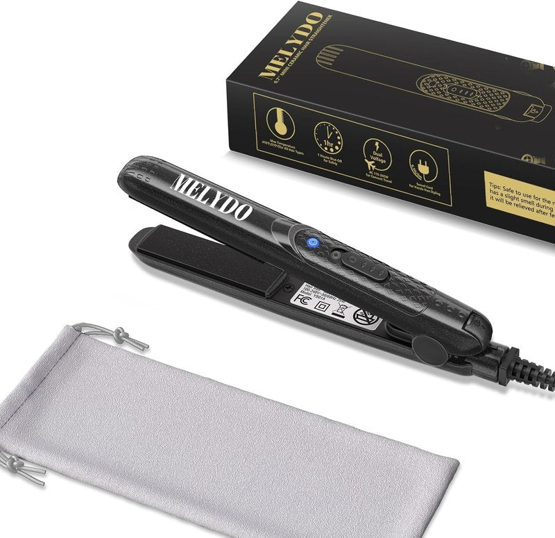 Mini Flat Iron, Ceramic Tourmaline Small Hair Straightener for Short Hair/Bangs, Dual Voltage Travel Hair Straightener, Portable Mini Straightener with Storage Pouch(Black)