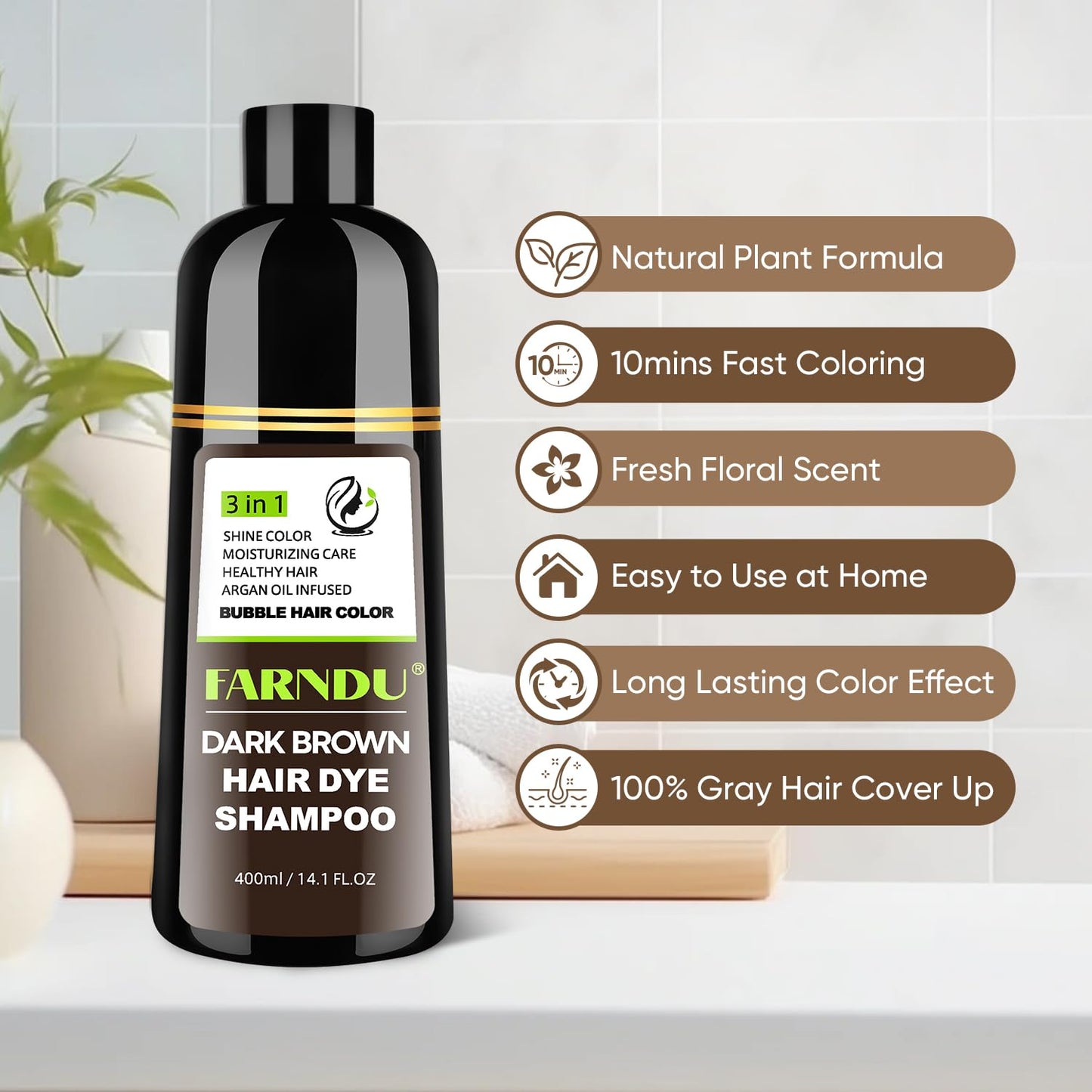 Farndu Dark Brown Hair Dye Shampoo 3 in 1 for Women Men Hair Color Shampoo Dye for Grey Hair Coverage Seimi Permanent Instant Champu Para Canas Mujer