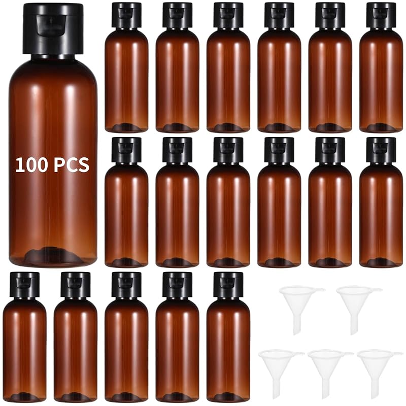 2 oz Travel Bottles with Flip Cap, 60ml Refillable Clear PET Containers — Brown Variation
