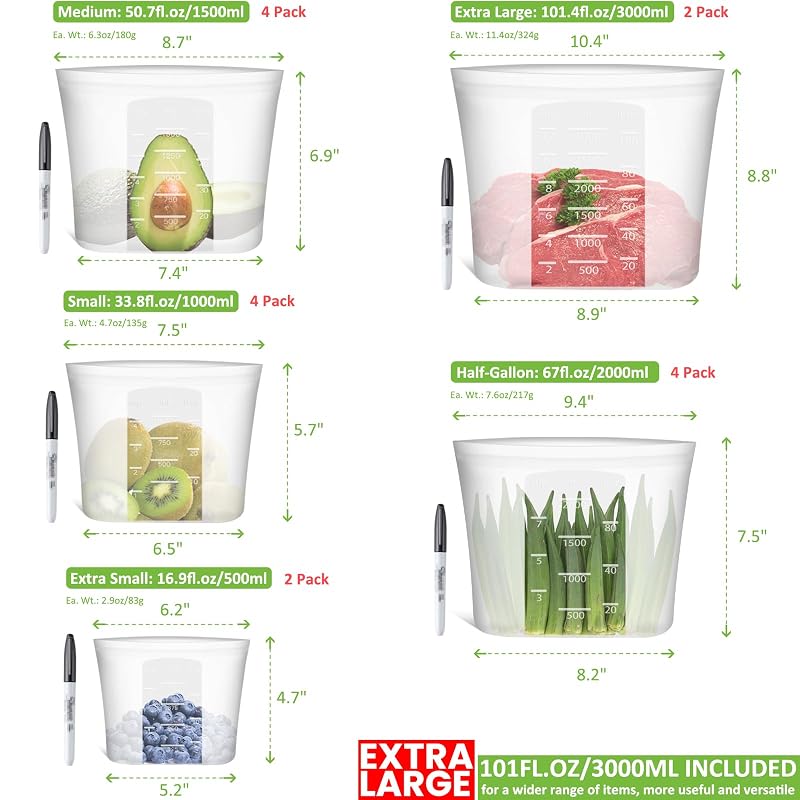 16 Pack 100% Silicone Reusable Food Storage Bags Set, Stand-Up Wide-Mouth, 2XL/4L/4M/4S/XS, Microwave & Dishwasher Safe, Translucent