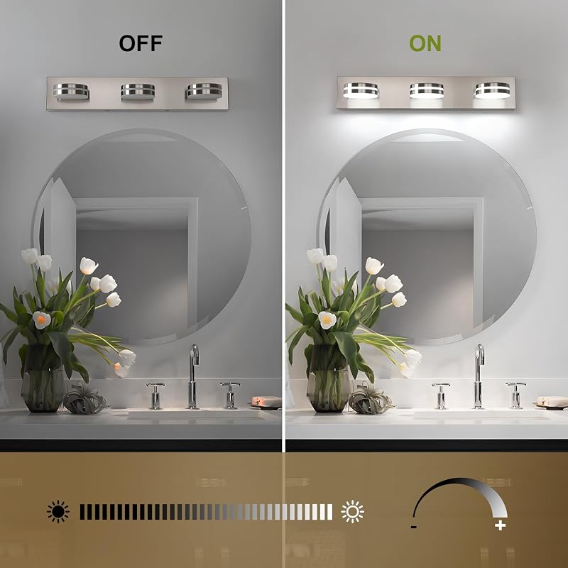 Dimmable 24in Brushed Nickel Vanity Light — 3-Light Over Mirror, 5500K LED, 350° Rotating Heads