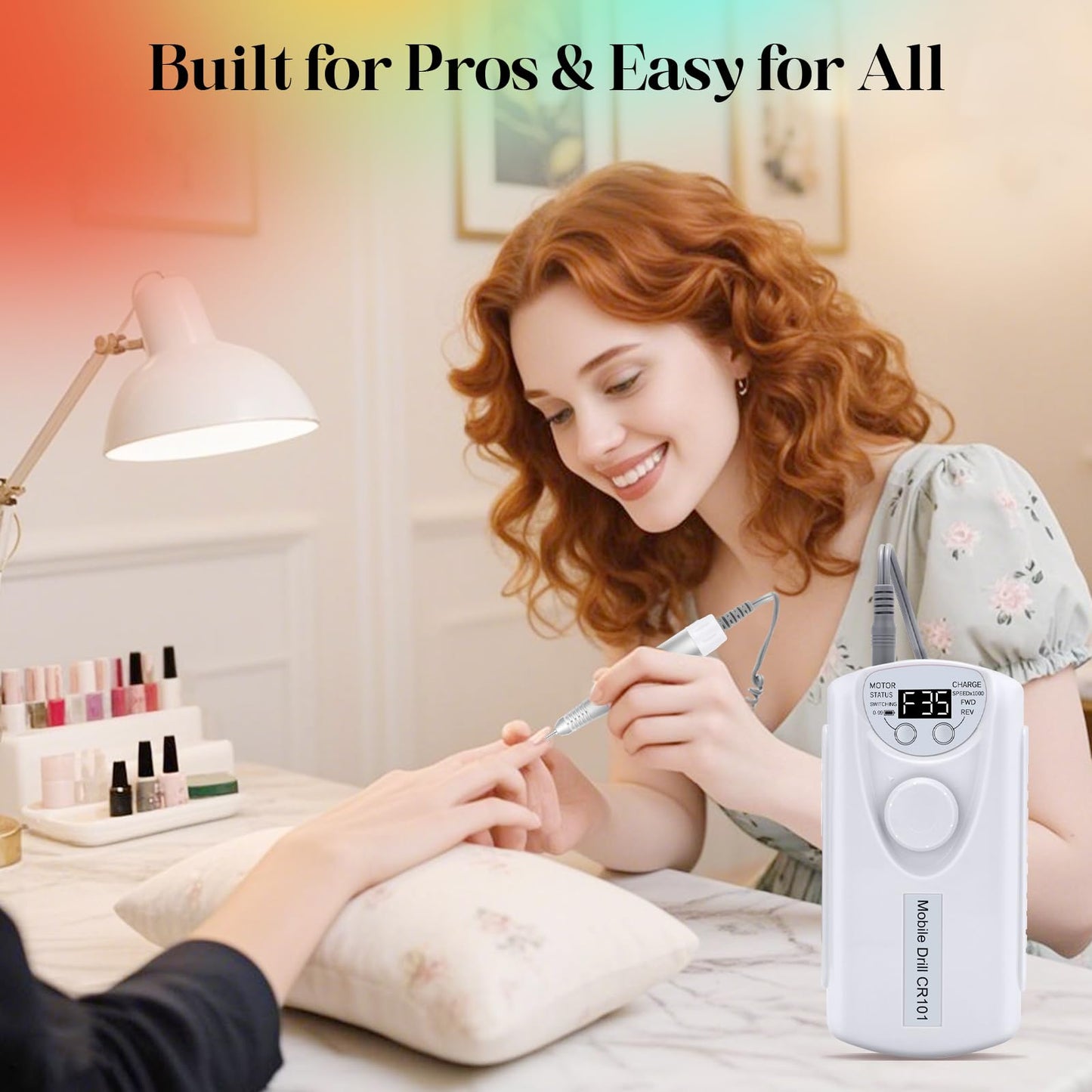 Professional Nail Drill Electric File:COYZU 35000RPM Portable Cordless Nail Drill Machine with Bits, Rechargeable E File for Acrylic & Gel Nails, Manicure & Pedicure Tech Tool for Home Salon, White