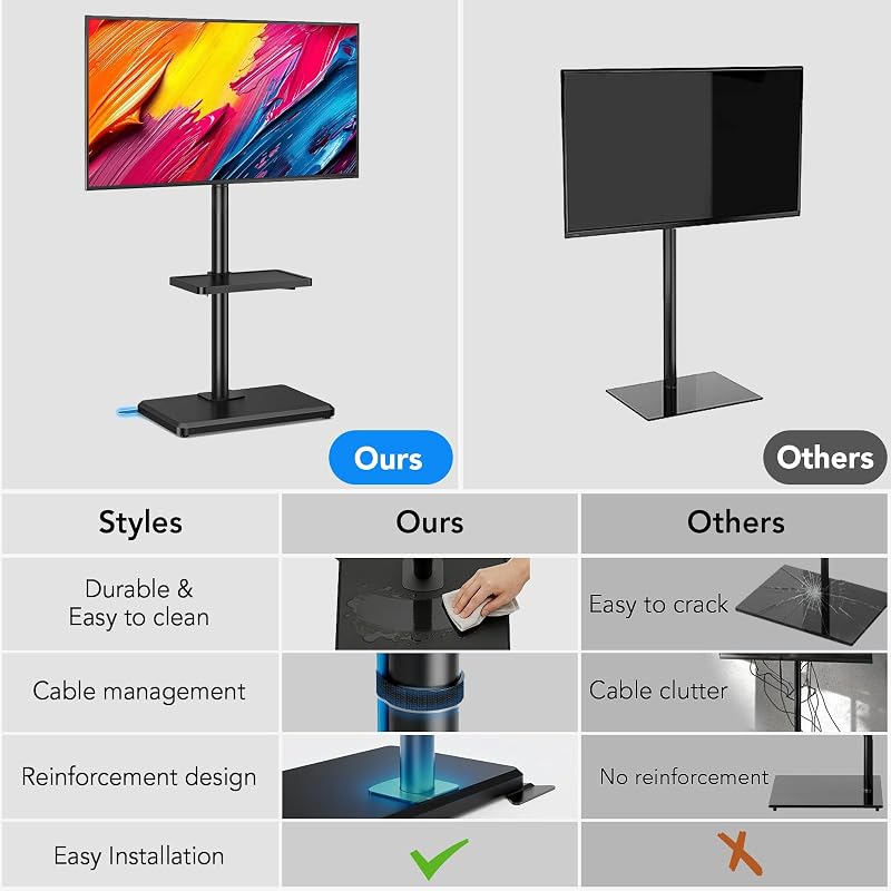 Floor TV Stand with Mount for 26-60 inch TVs Up to 77 lbs - Height Adjustable Swivel Tilt with Wood Base & Shelf, Black (Variation: Black+Floor TV Stand with Shelf)