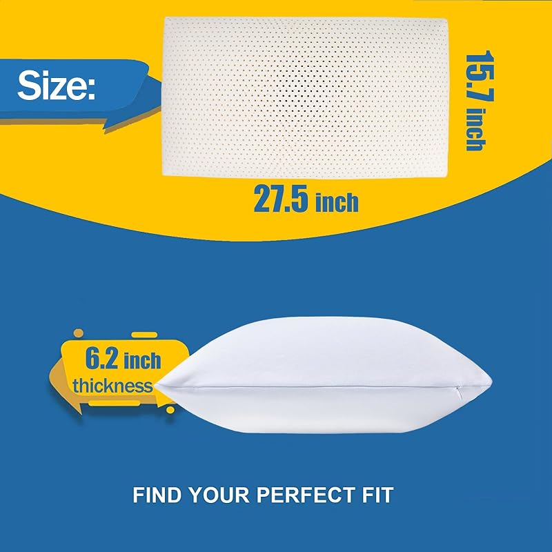 Queen Mid Loft Talalay Latex Pillow with Removable Cotton Cover – Pressure Relief, Breathable