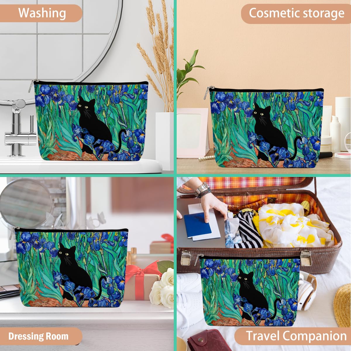 Floral Cat Makeup Bag, Cat Gifts Cosmetic Bags, Aesthetic Design Canvas Zipper Organizer Pouch Cute Roomy Portable Toiletry Bag Cats Themed Gifts for Girls Women Travel Storage Accessories-5