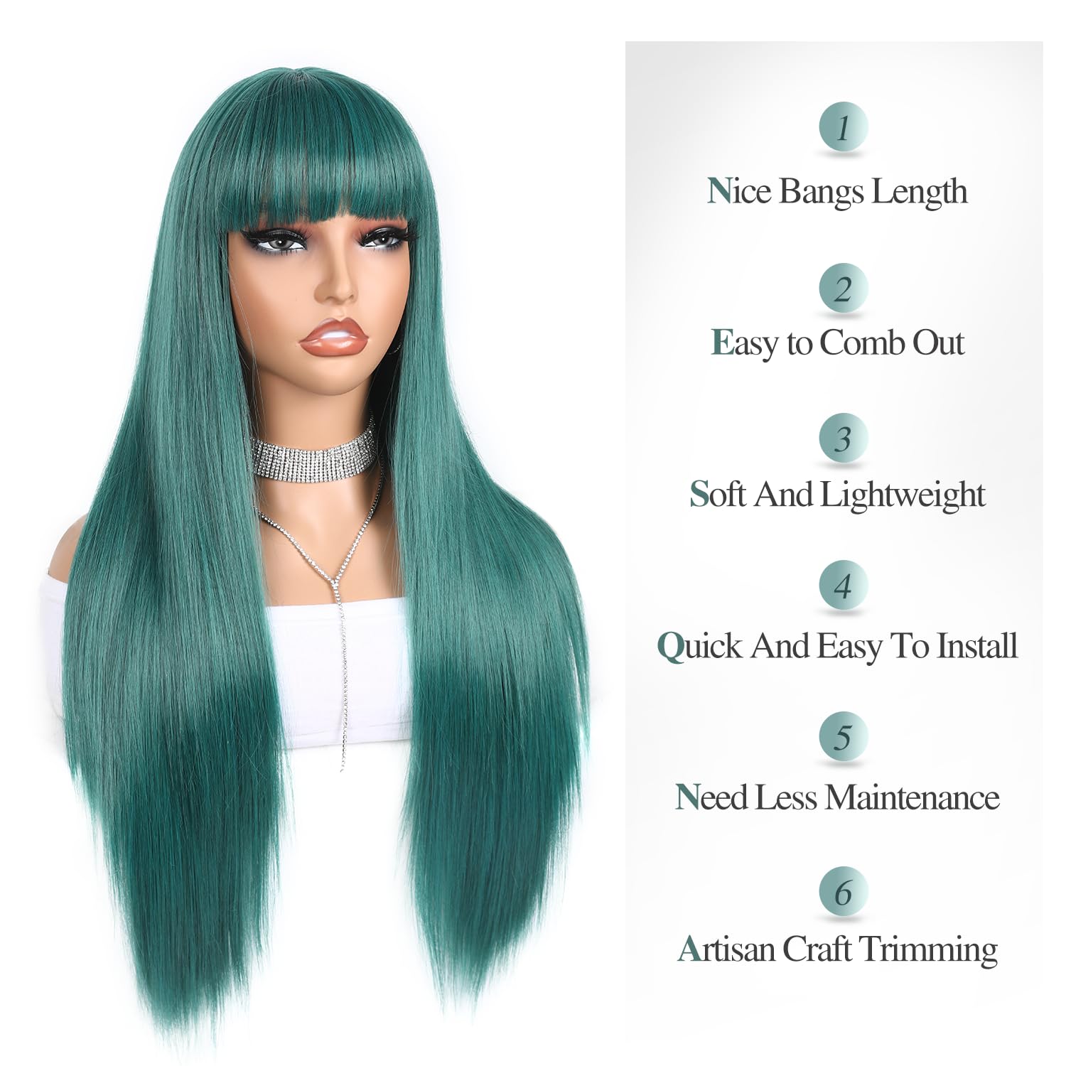 WIGER Long Green Wigs with Bangs Straight Dark Green Hair Wig for Women Long Bangs wig Full Green Cosplay Wig for Girls Synthetic Natural Hair for Daily or Costumes (Green with Bangs)