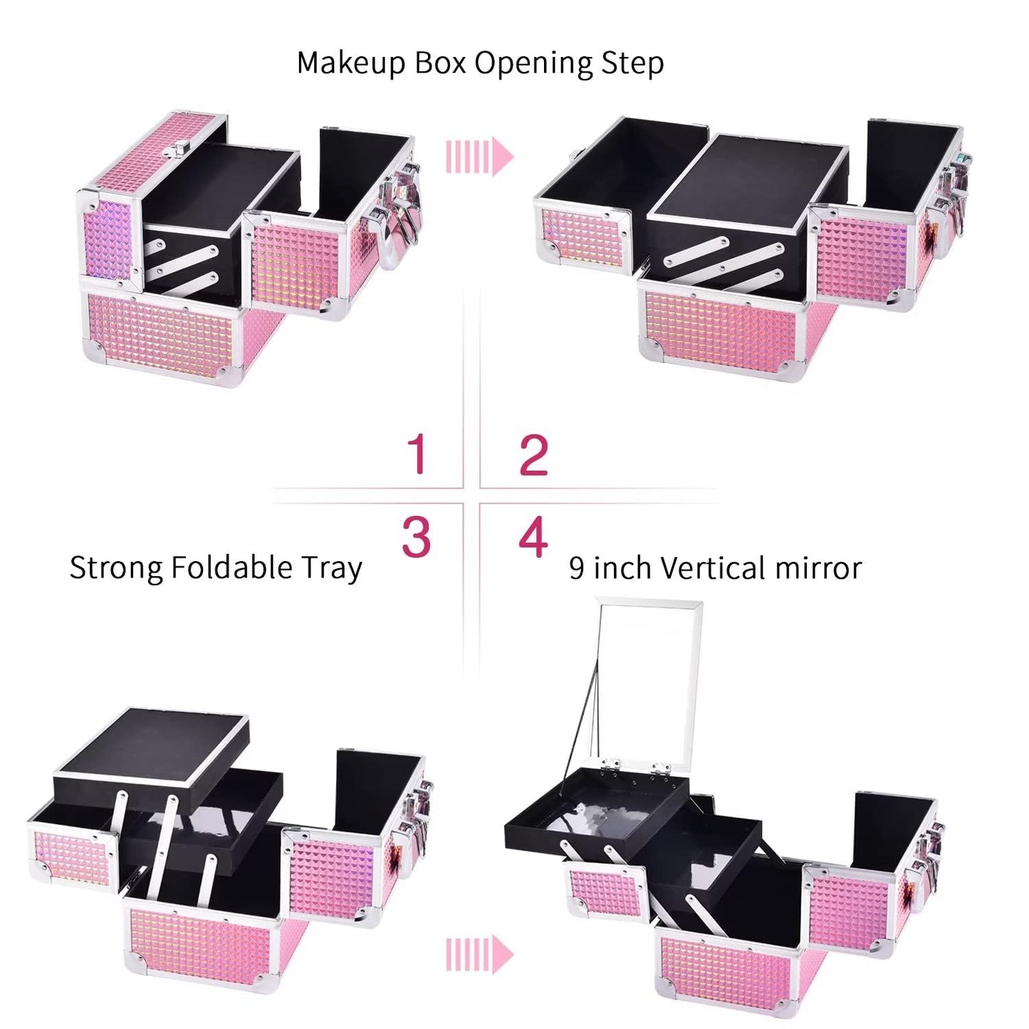 Joligrace Makeup Train Case Makeup Case Organizer Portable Cosmetic Box Storage with 2 Trays Mirror Locking Make Up Travel Case for Nail Kits Cosmetics Craft Traveling Makeup Box Mermaid Pink