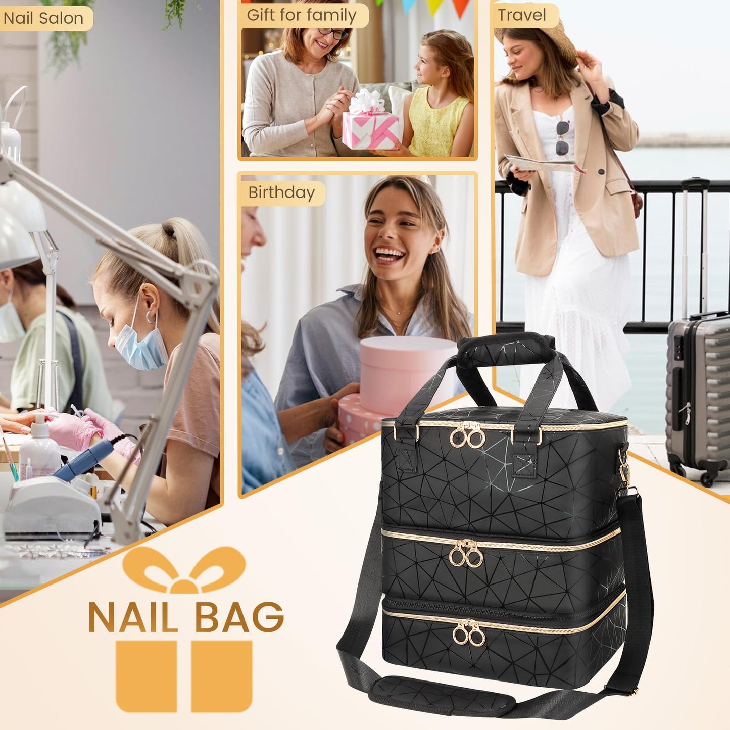 Nail Polish Organizer Bag Holds 84 Bottles & Nail Lamp, 3 Layers Nail Kit Storage Carrying Case Pu Leather, Large Nail Supplies Organizer With Shoulder Strap, Portable Travel Nail Bag For Nail Tech