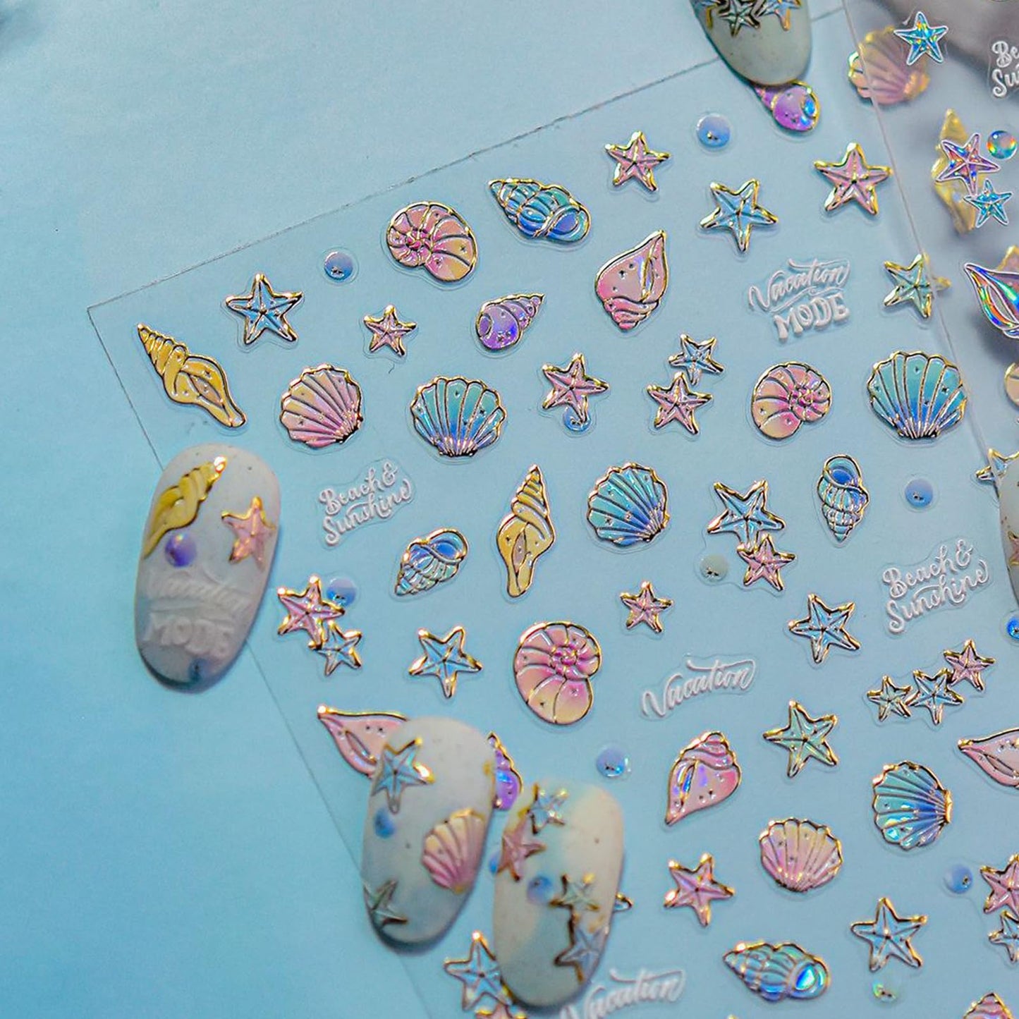 1 Sheet Marine Life Nail Stickers Shell Light Nail Design Stickers 5D Embossed Starfish Shell Self-Adhesive Nail Decal Acrylic Nails Art Supplies for Women DIY Summer Manicure Decoration