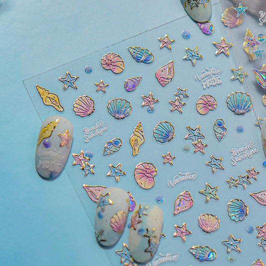 1 Sheet Marine Life Nail Stickers Shell Light Nail Design Stickers 5D Embossed Starfish Shell Self-Adhesive Nail Decal Acrylic Nails Art Supplies for Women DIY Summer Manicure Decoration